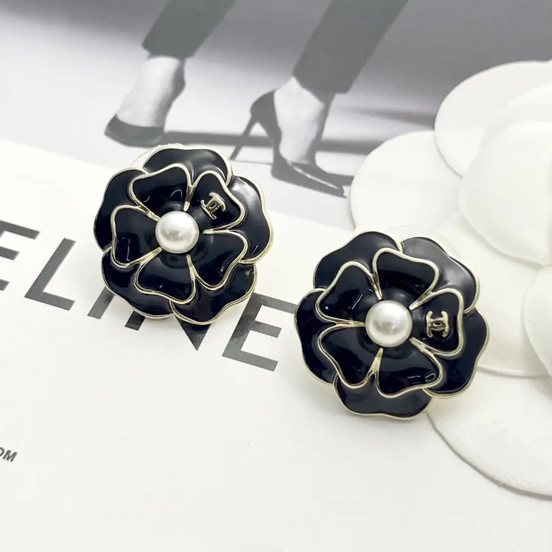 Chanel Black Camellia Earrings