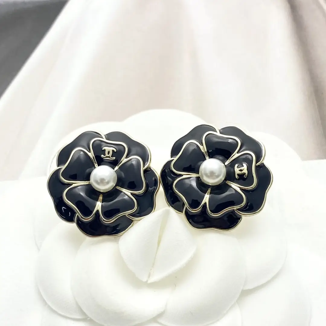 Chanel Black Camellia Earrings