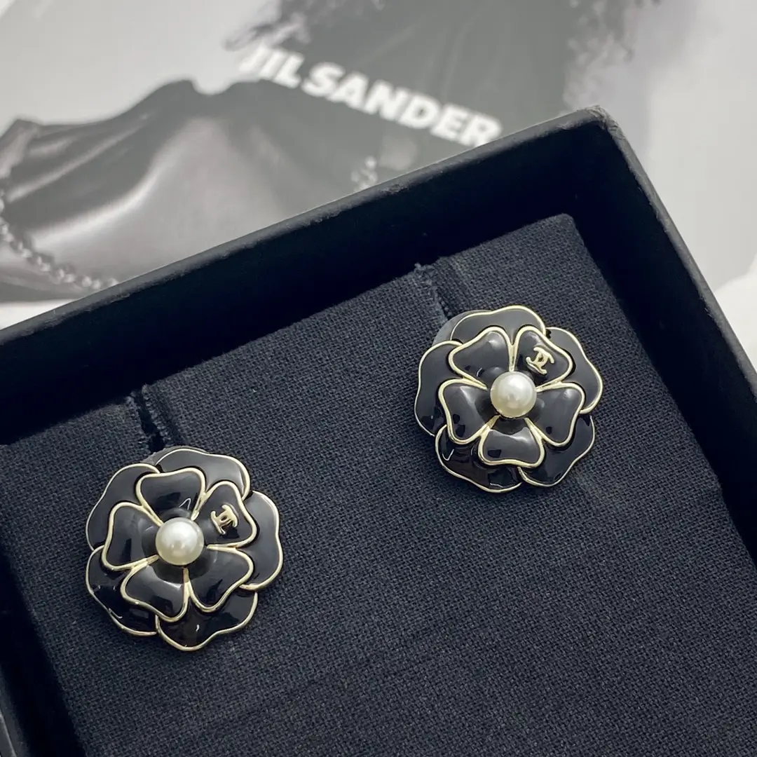 Chanel Black Camellia Earrings