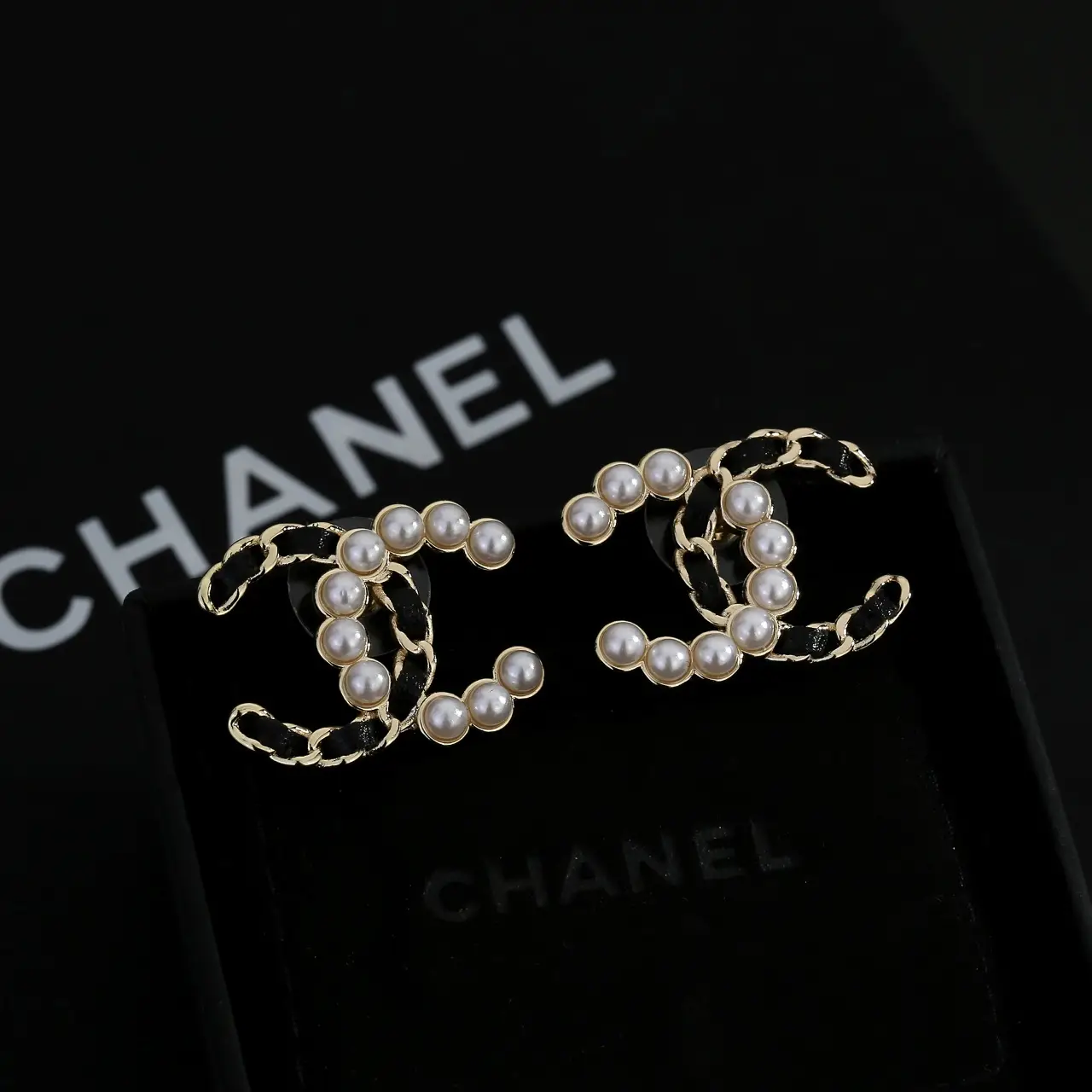 Chanel Black Leather Pearl Earrings