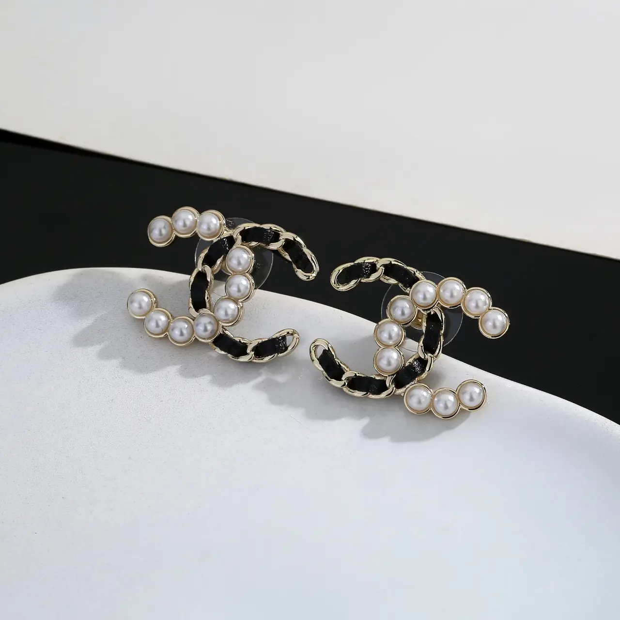 Chanel Black Leather Pearl Earrings