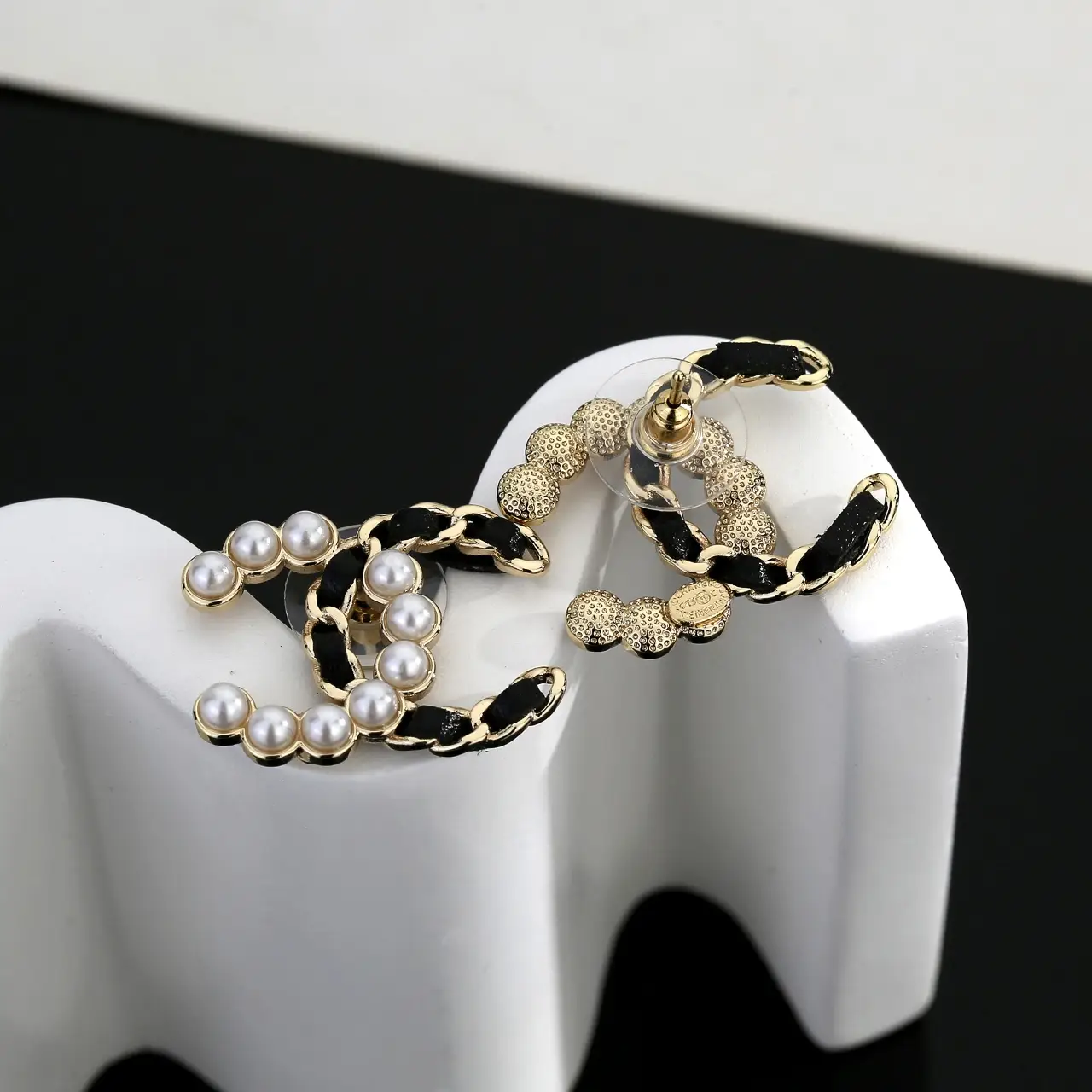 Chanel Black Leather Pearl Earrings