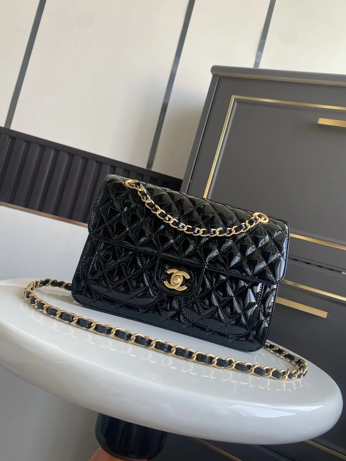 Chanel Flap Bag Double Pocket AS5695 Black Patent Leather