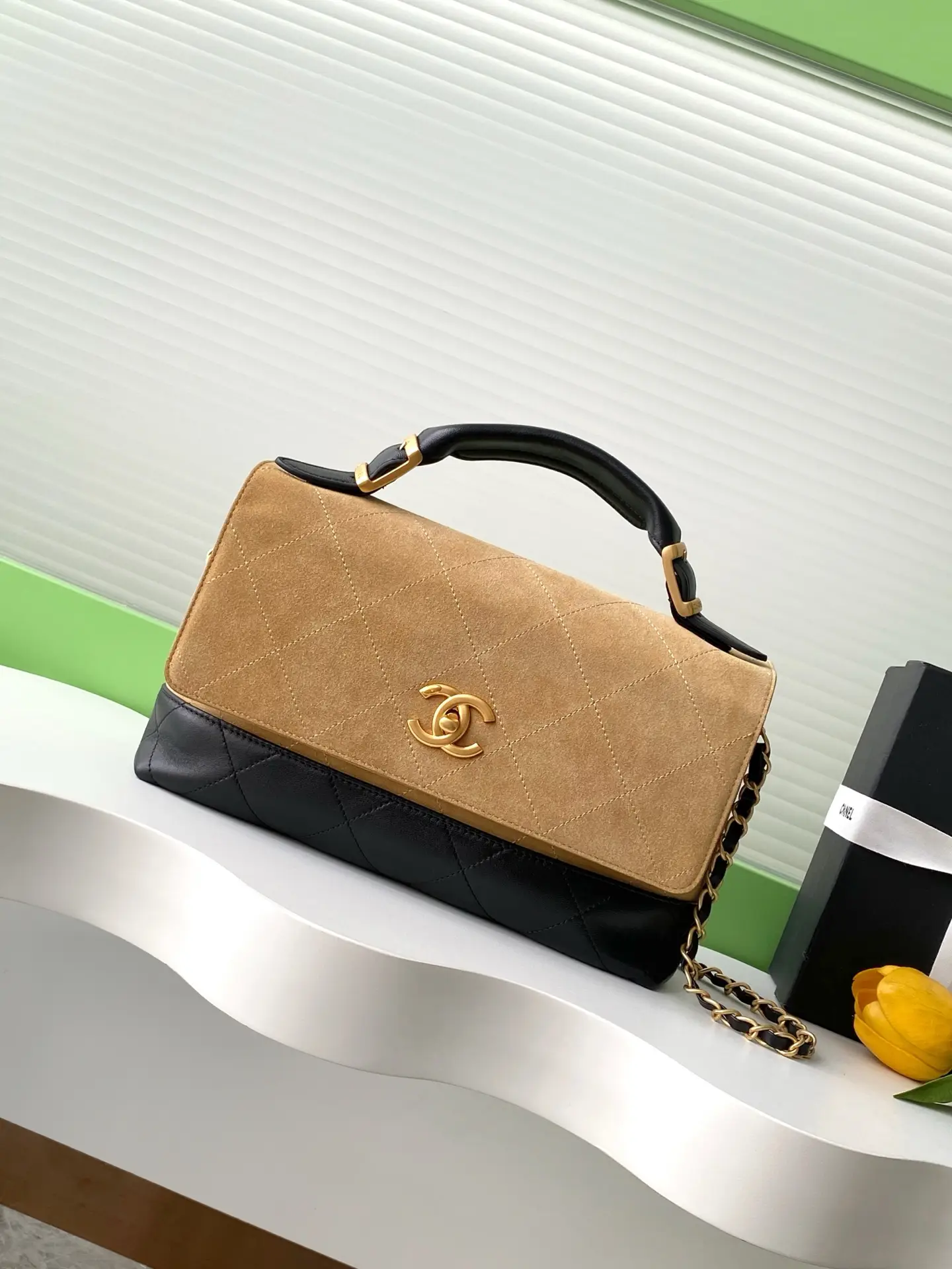 Chanel Large Flap Bag With Top Handle Beige & Black