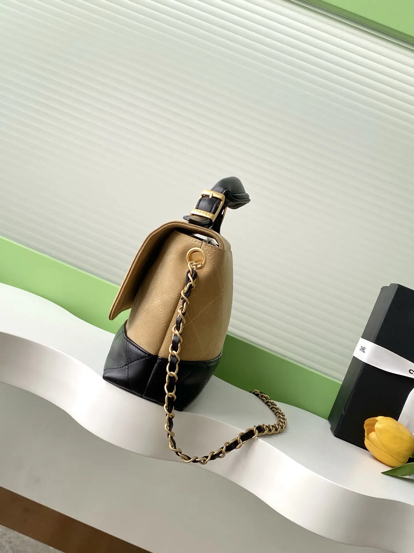 Chanel Large Flap Bag With Top Handle Beige & Black