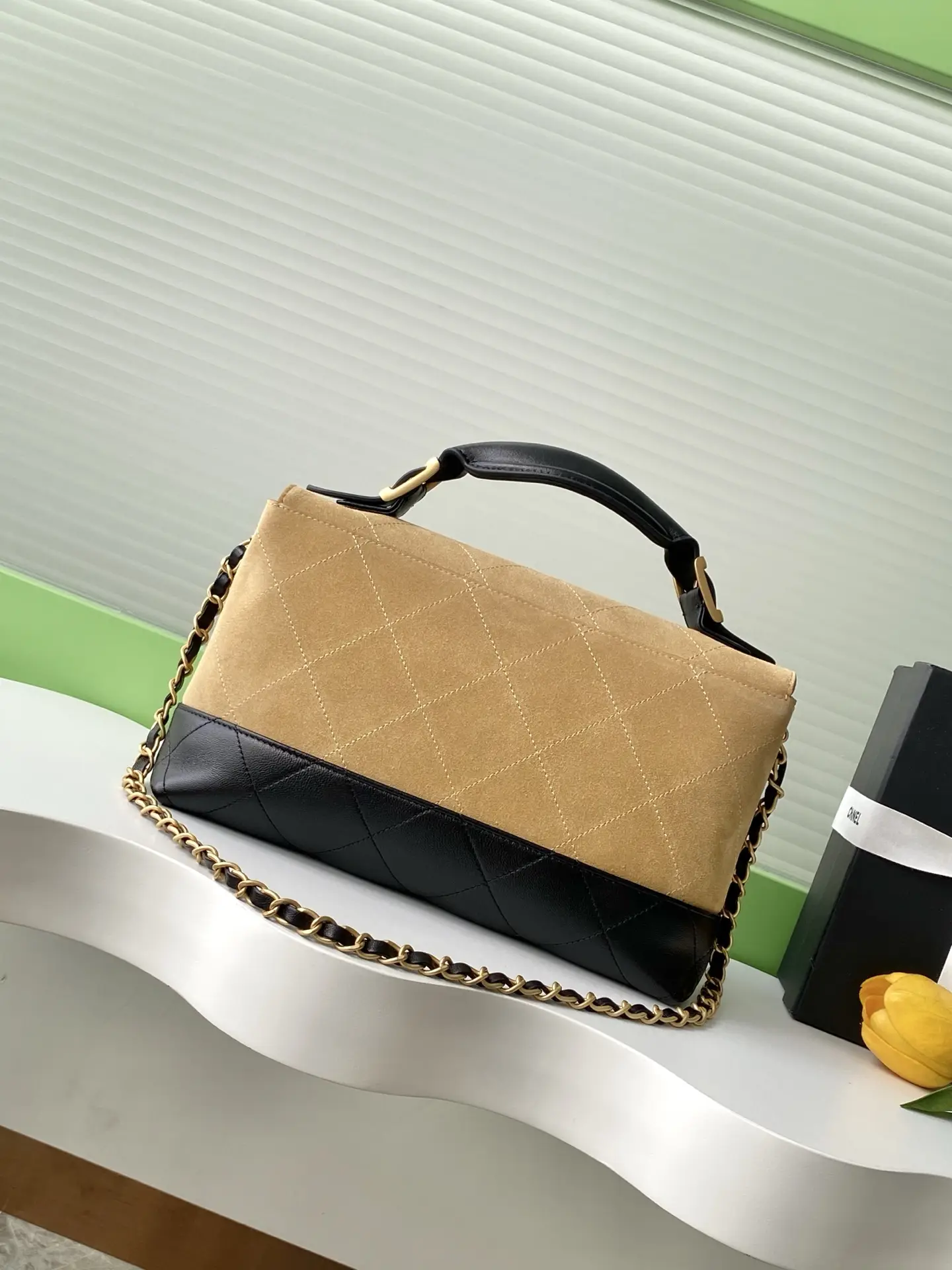 Chanel Large Flap Bag With Top Handle Beige & Black