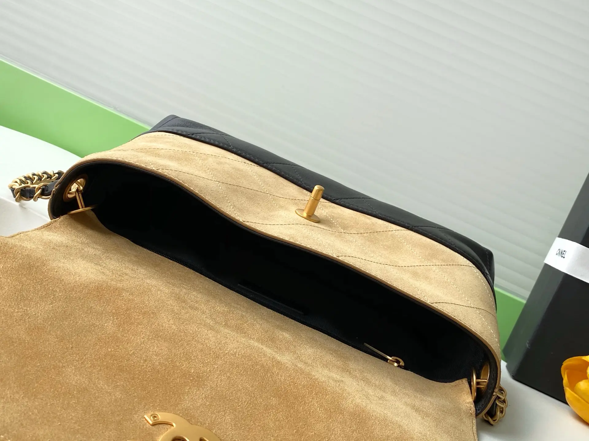 Chanel Large Flap Bag With Top Handle Beige & Black