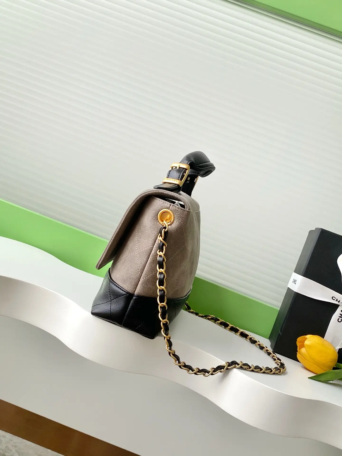 Chanel Large Flap Bag With Top Handle Gray & Black