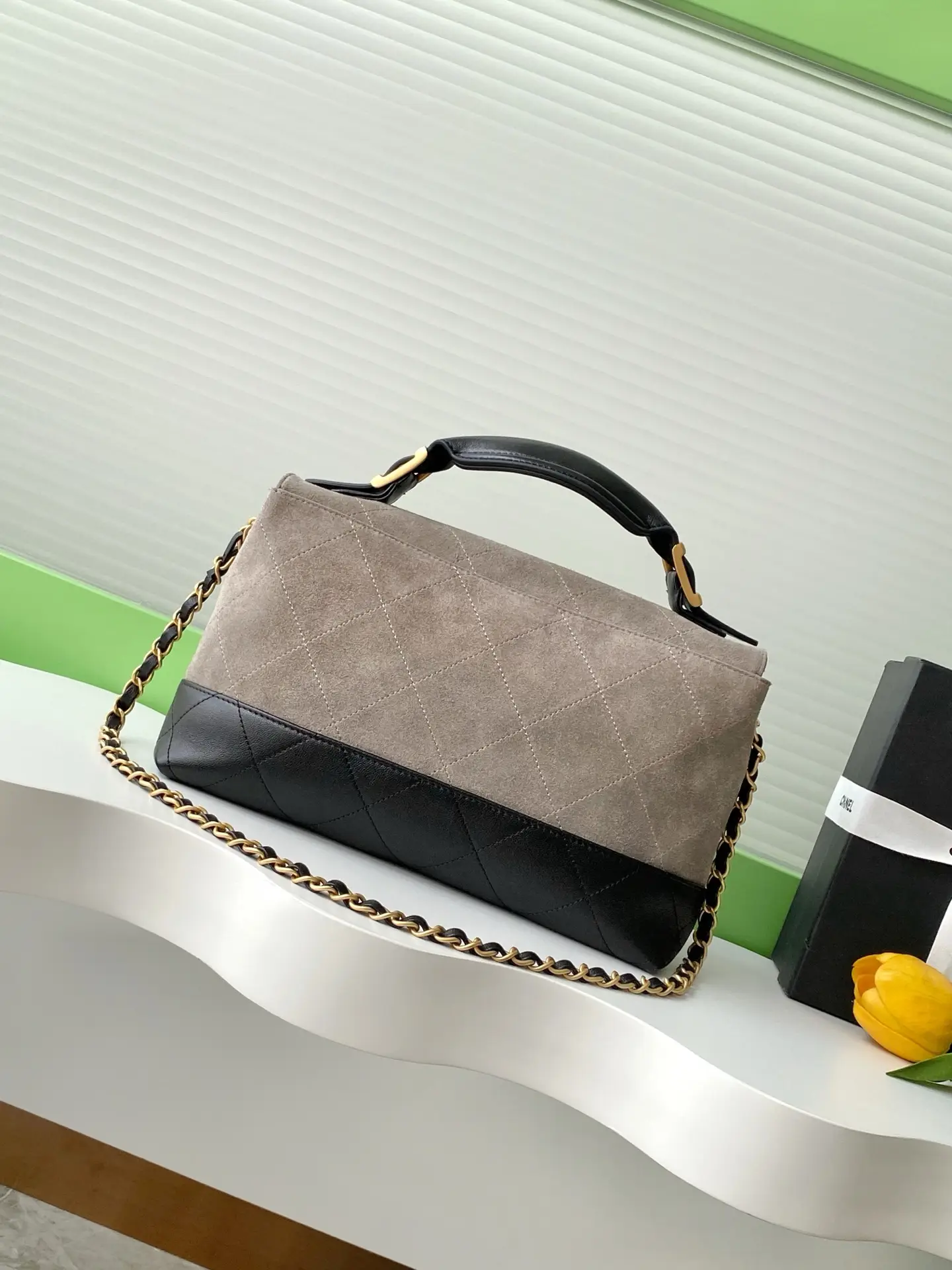 Chanel Large Flap Bag With Top Handle Gray & Black