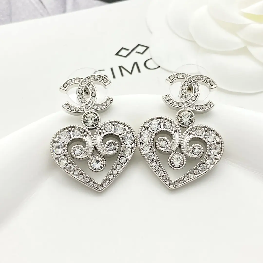 Chanel Openwork Crystal Heart Earrings