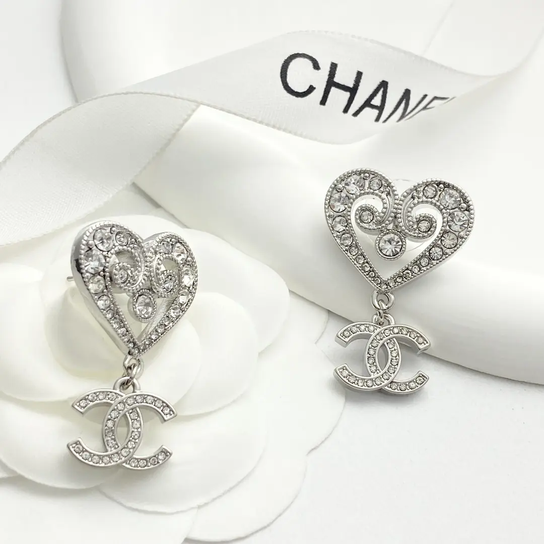 Chanel Openwork Crystal Heart Earrings