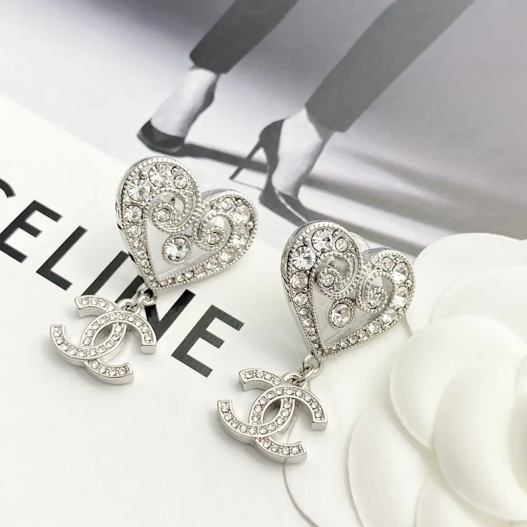 Chanel Openwork Crystal Heart Earrings
