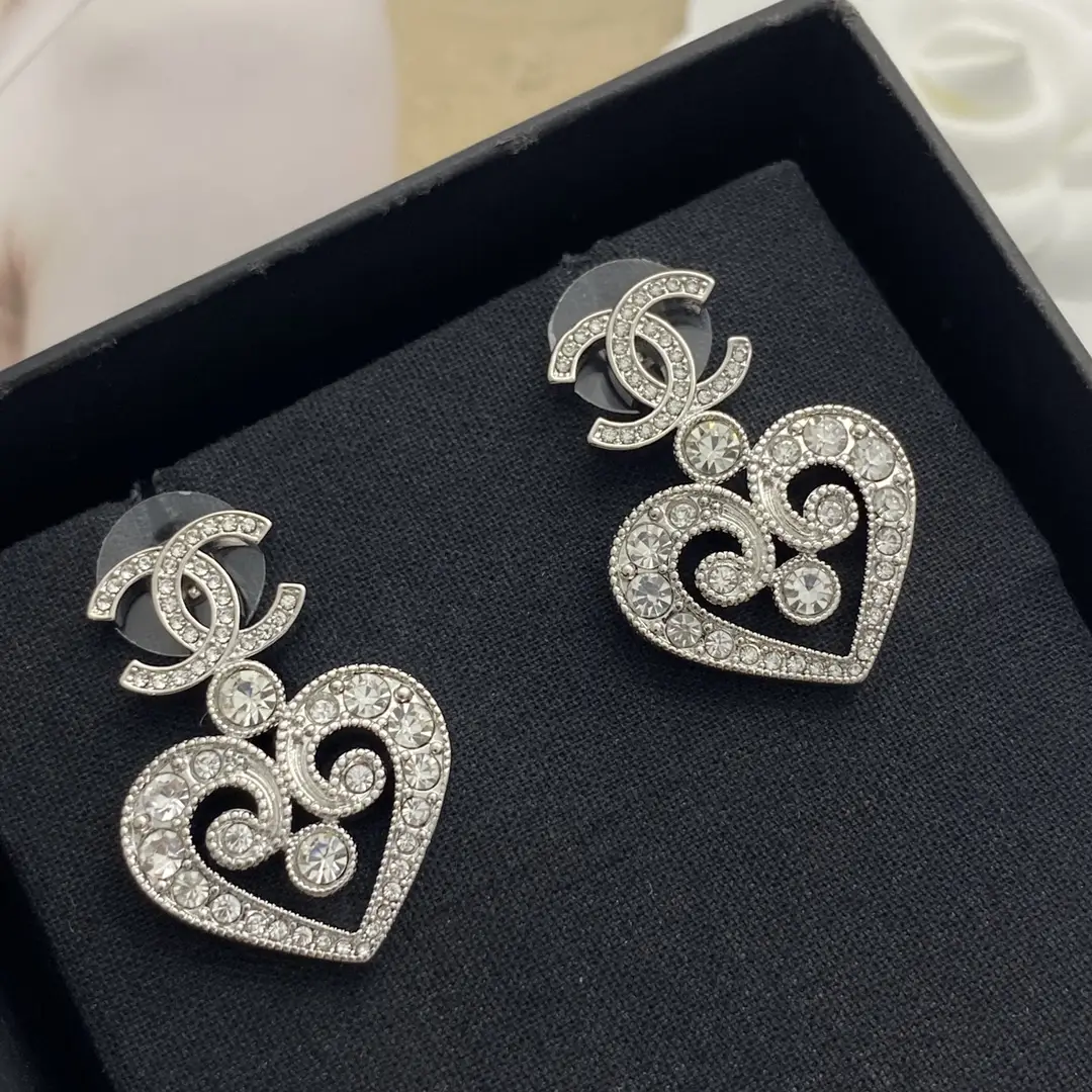 Chanel Openwork Crystal Heart Earrings
