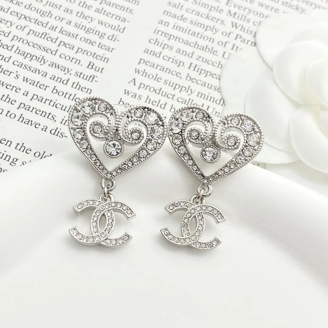 Chanel Openwork Crystal Heart Earrings