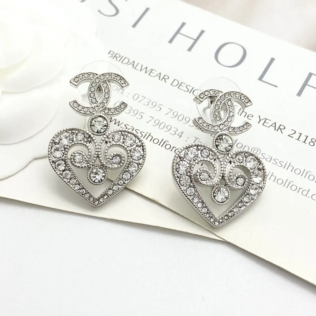 Chanel Openwork Crystal Heart Earrings