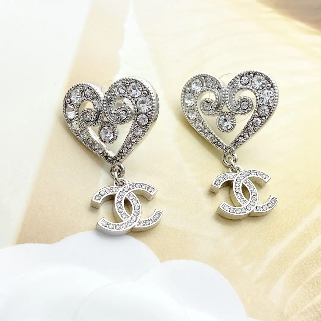 Chanel Openwork Crystal Heart Earrings