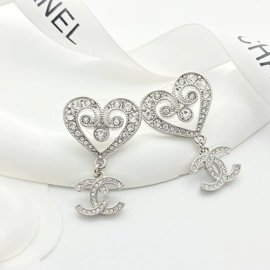Chanel Openwork Crystal Heart Earrings
