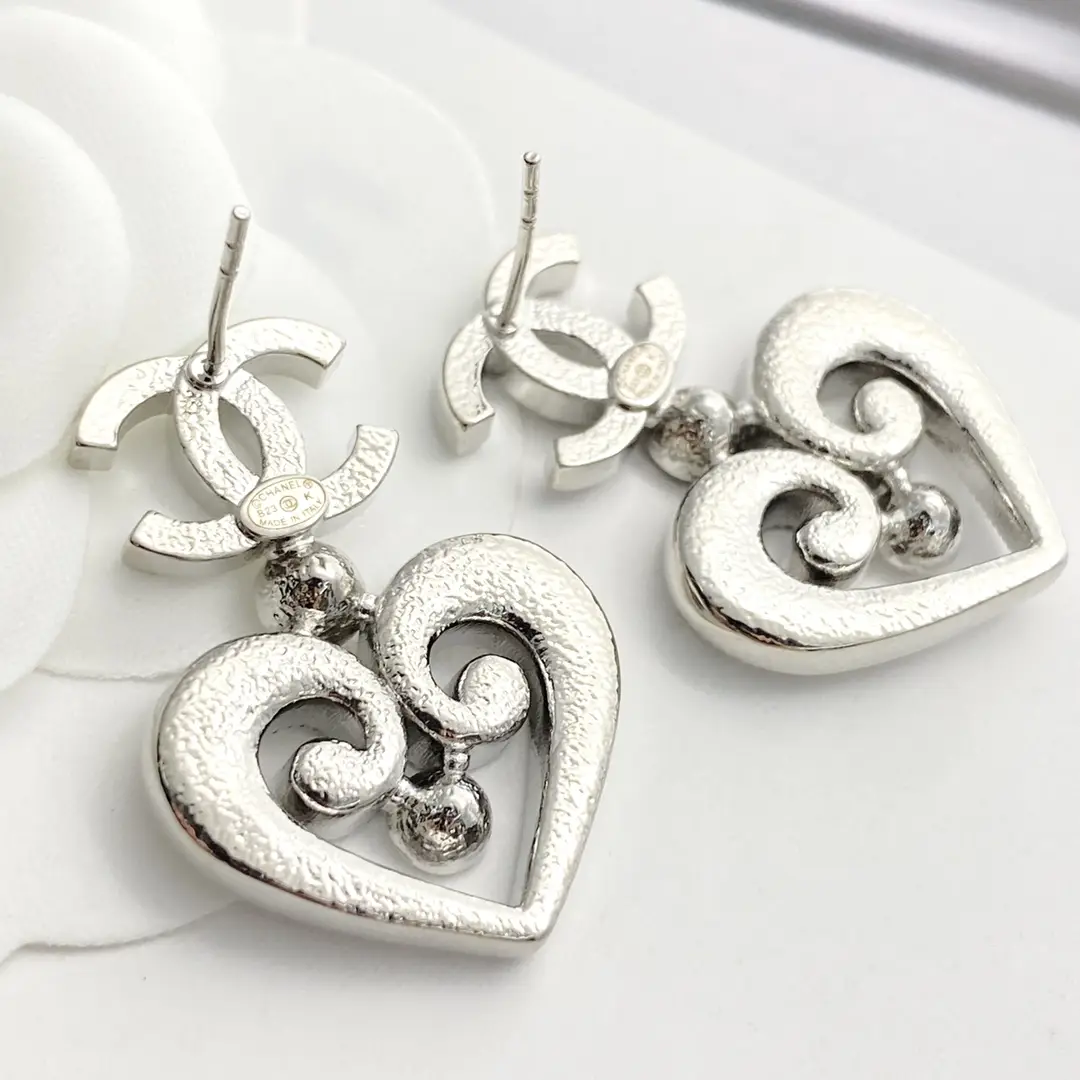 Chanel Openwork Crystal Heart Earrings