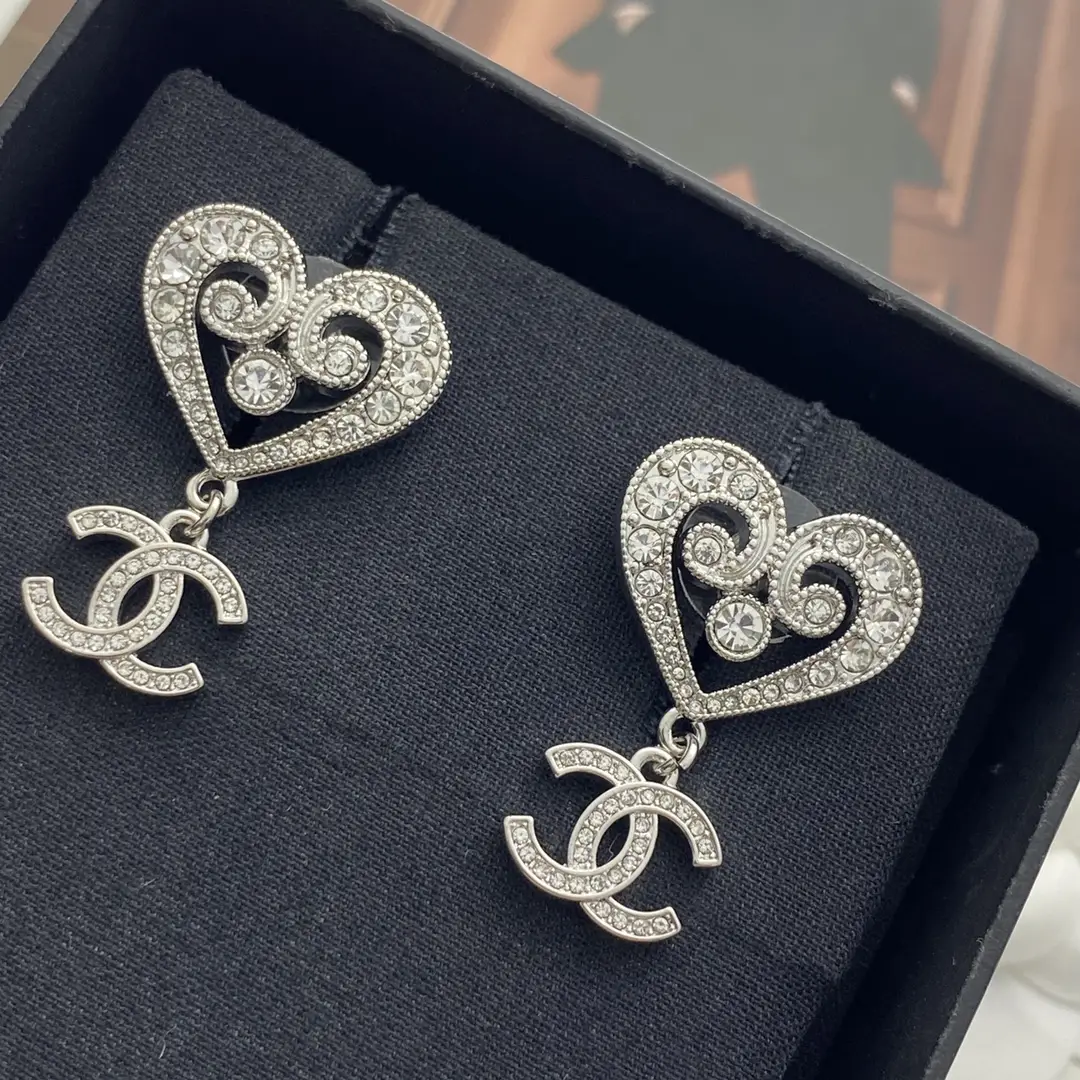 Chanel Openwork Crystal Heart Earrings