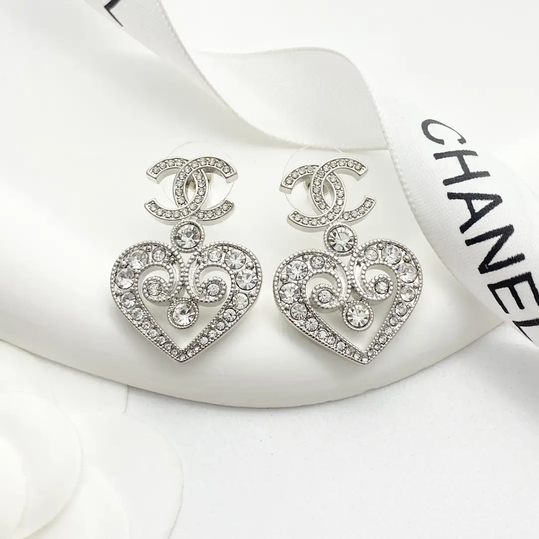 Chanel Openwork Crystal Heart Earrings