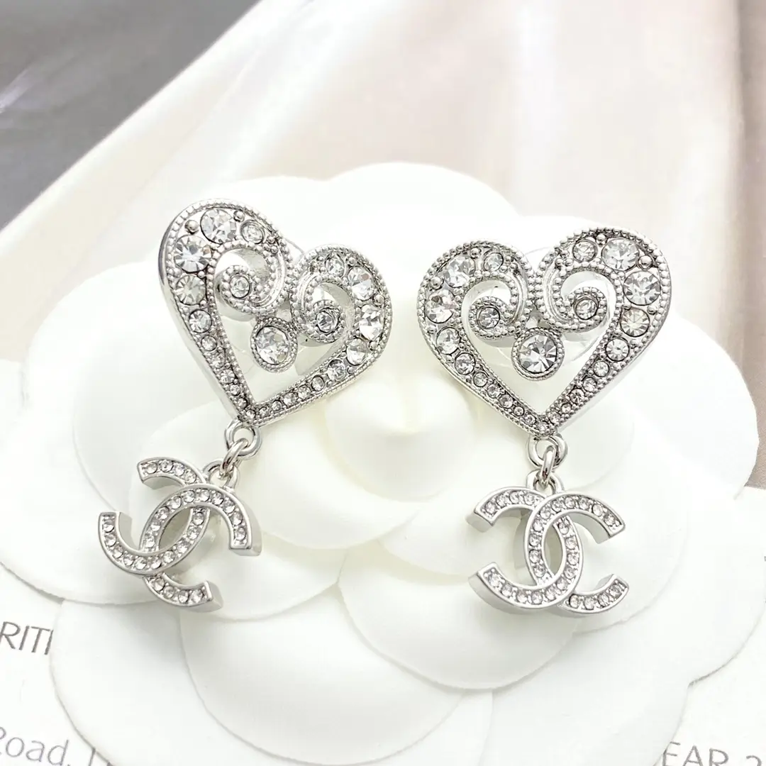 Chanel Openwork Crystal Heart Earrings