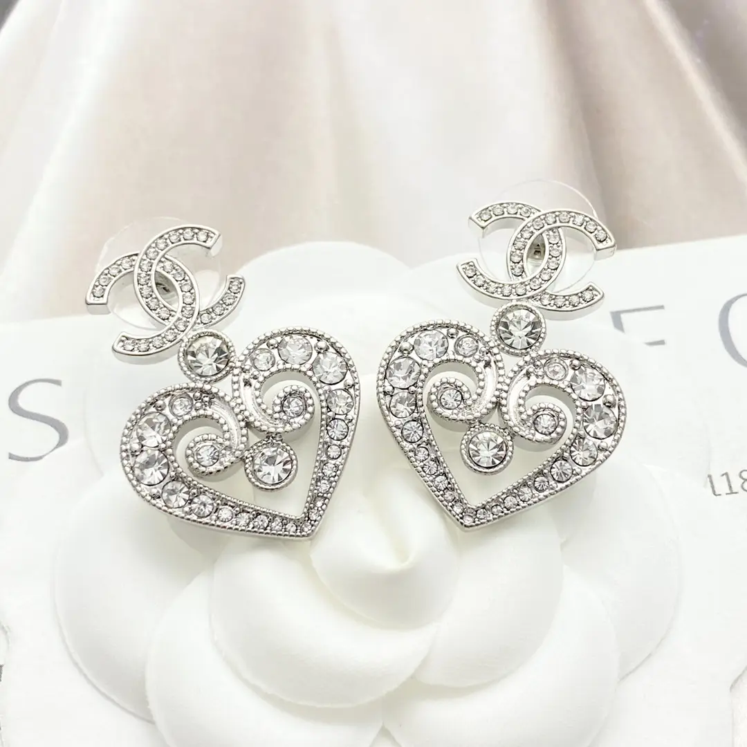 Chanel Openwork Crystal Heart Earrings