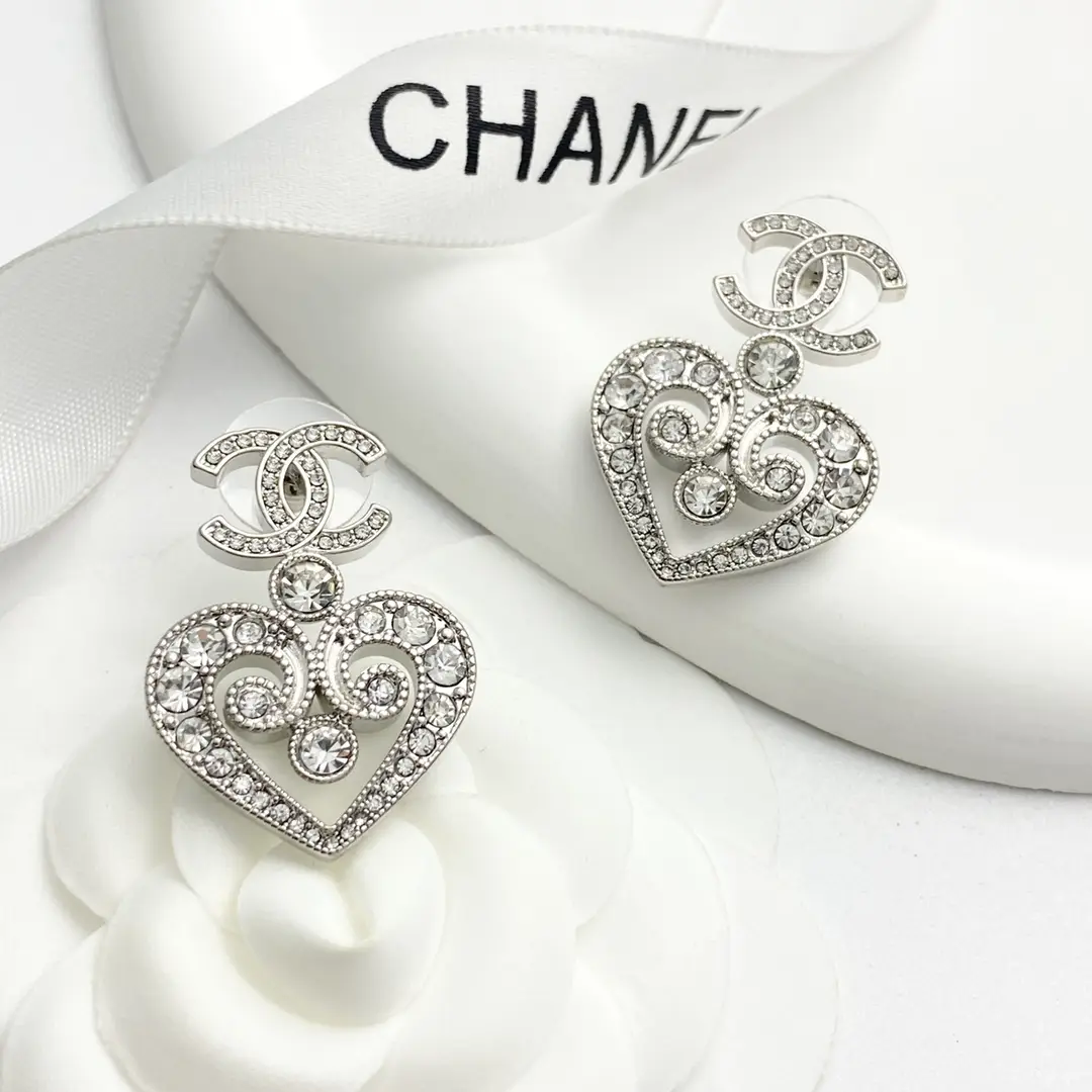 Chanel Openwork Crystal Heart Earrings
