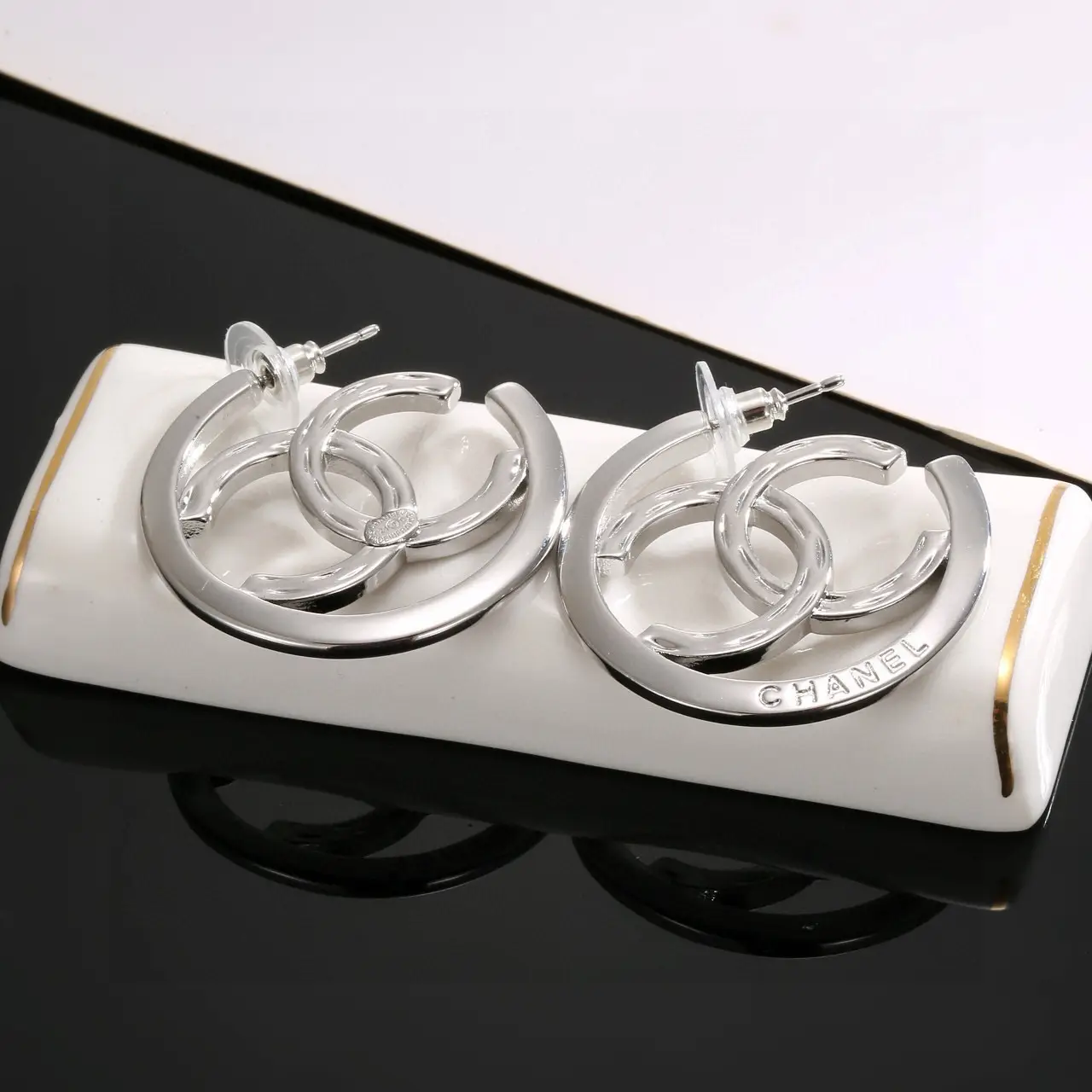 Chanel Silver Double C Earrings