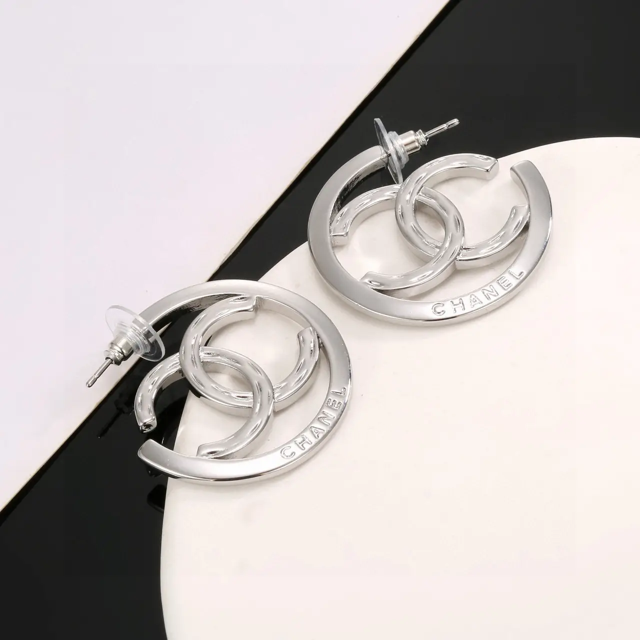 Chanel Silver Double C Earrings
