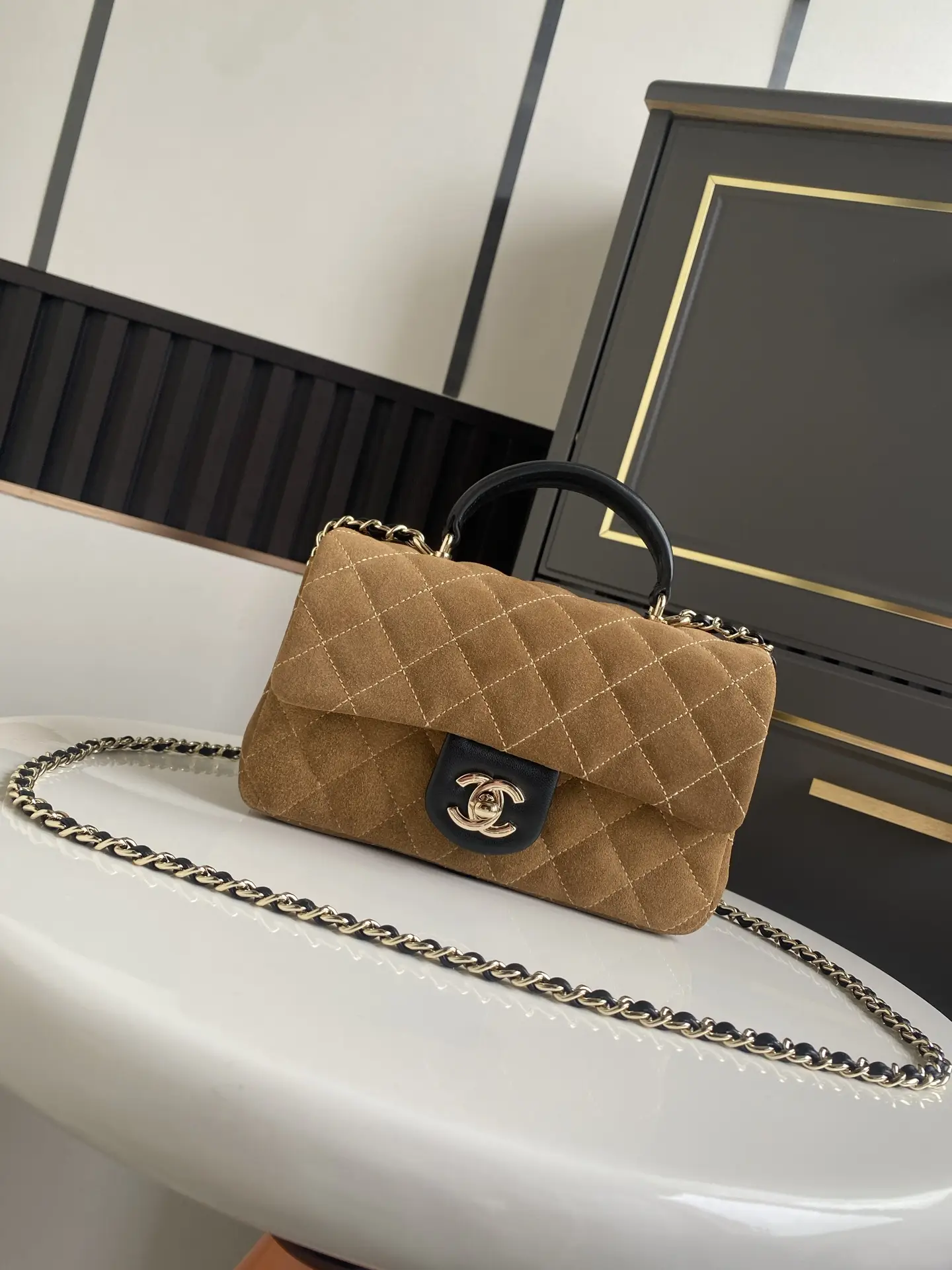 Chanel Handbag with Top Handle AS2431 Brown Suede