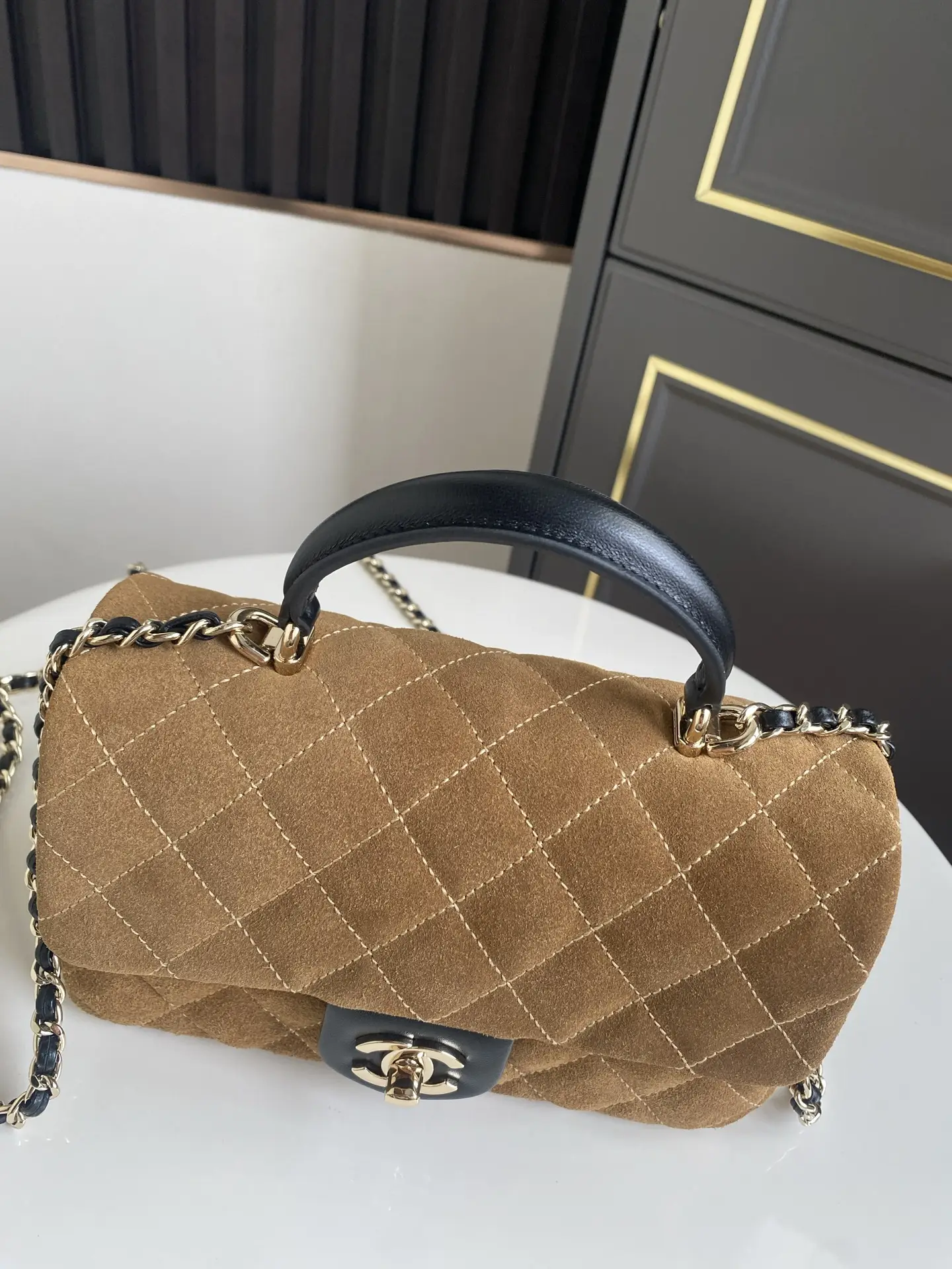 Chanel Handbag with Top Handle AS2431 Brown Suede