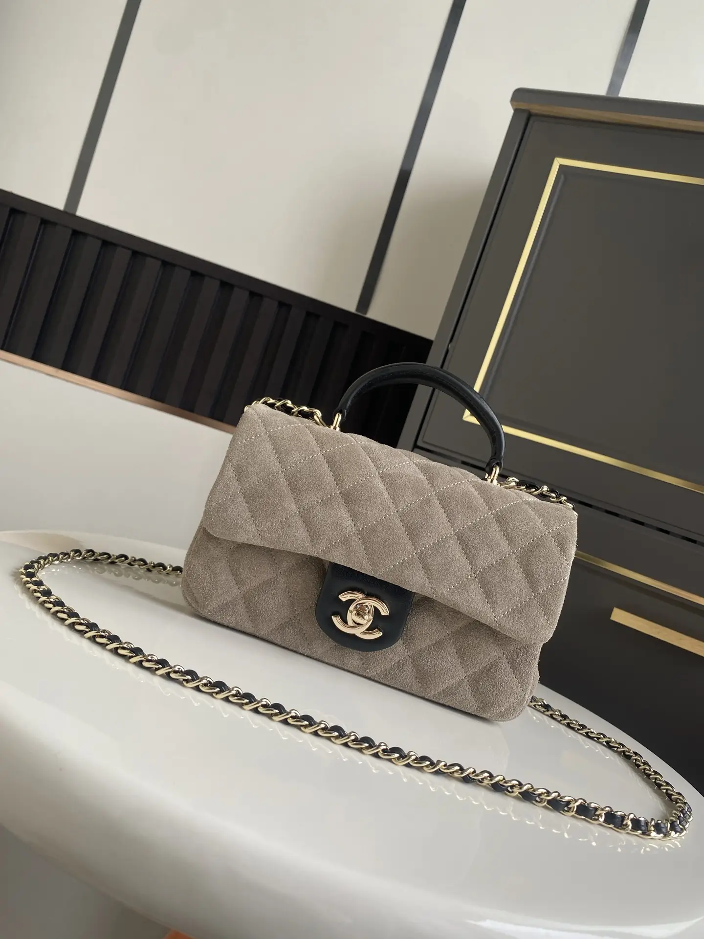 Chanel Handbag with Top Handle AS2431 Gray Suede
