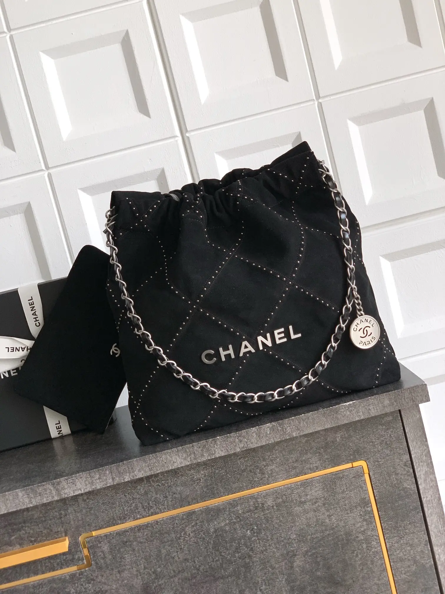 Chanel Large 22 Bag Suede with Studs Black