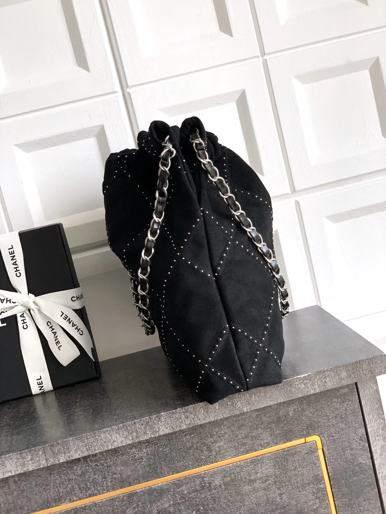 Chanel Large 22 Bag Suede with Studs Black