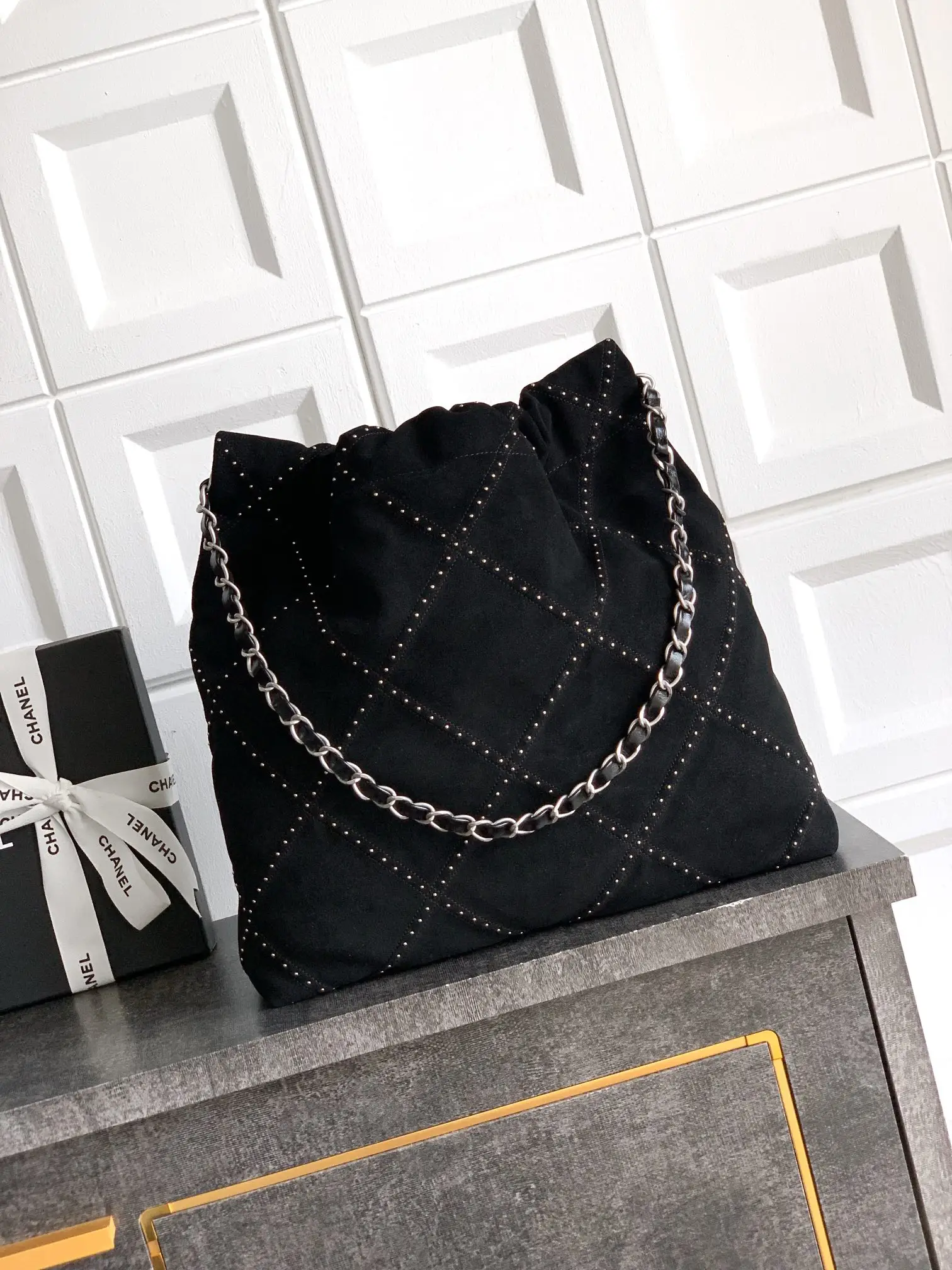 Chanel Large 22 Bag Suede with Studs Black