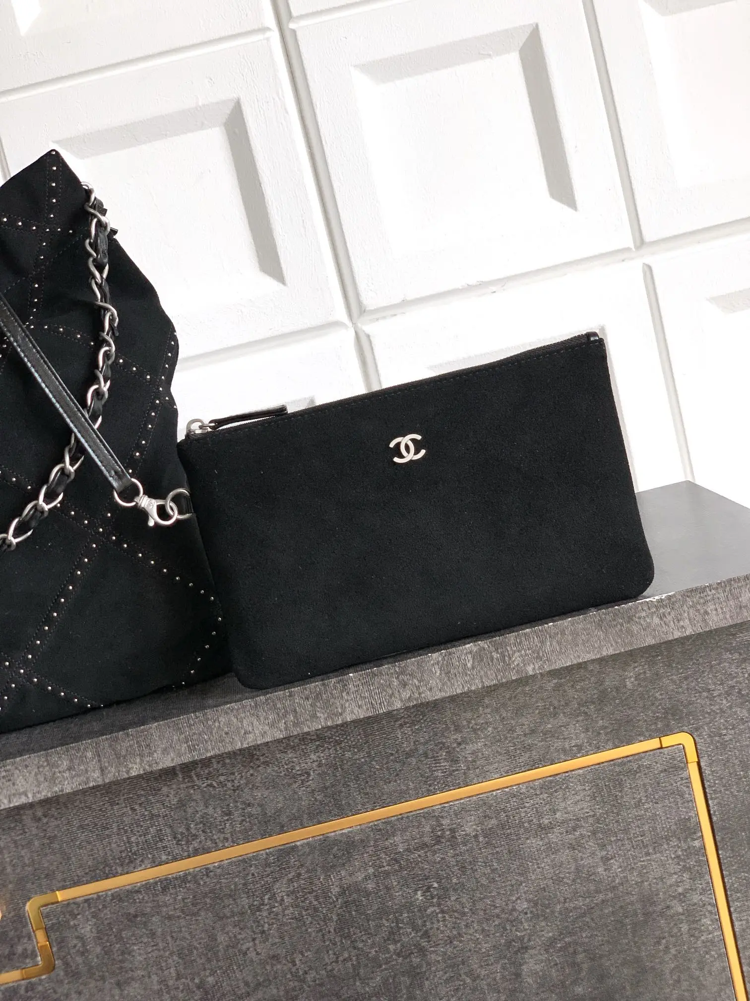 Chanel Large 22 Bag Suede with Studs Black