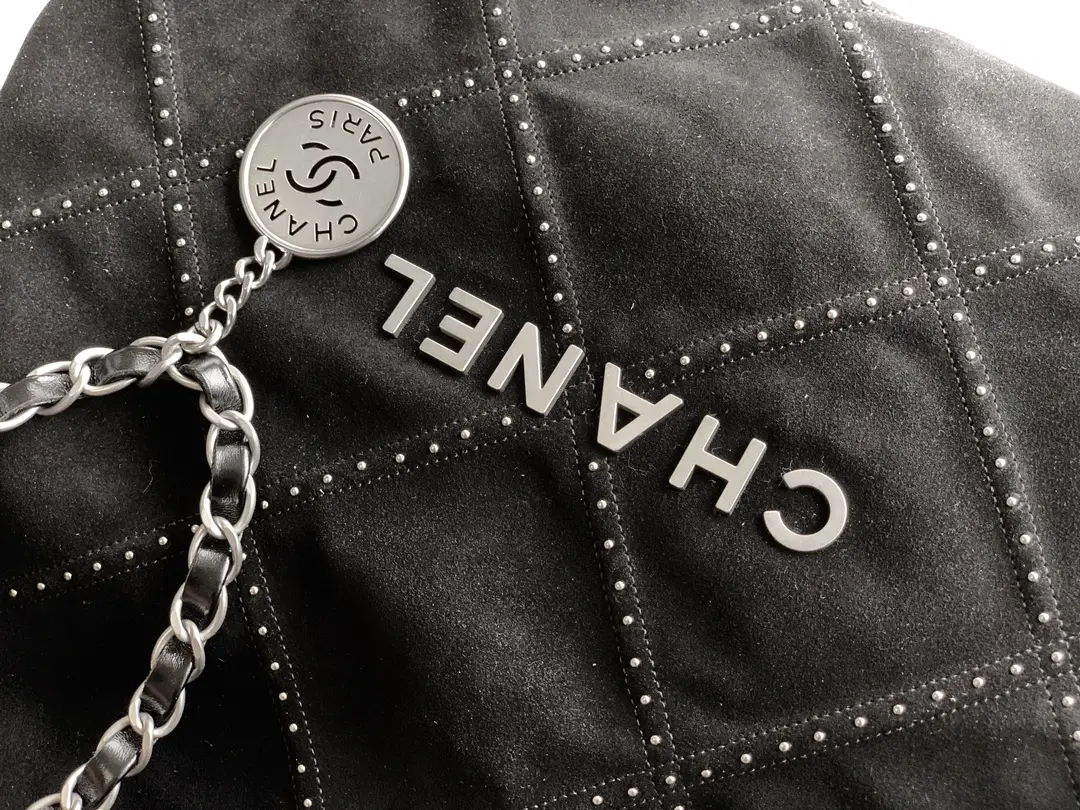 Chanel Large 22 Bag Suede with Studs Black