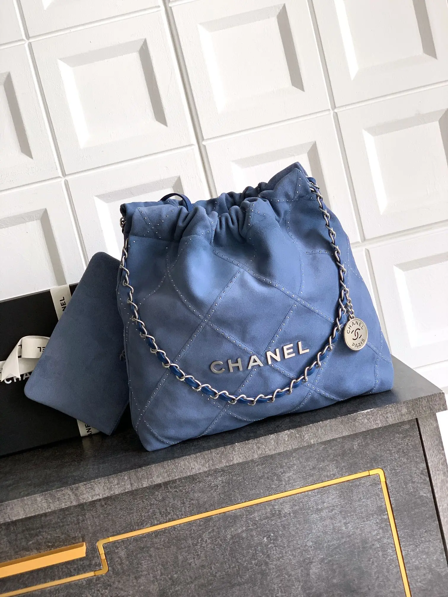 Chanel Large 22 Bag Suede with Studs Blue