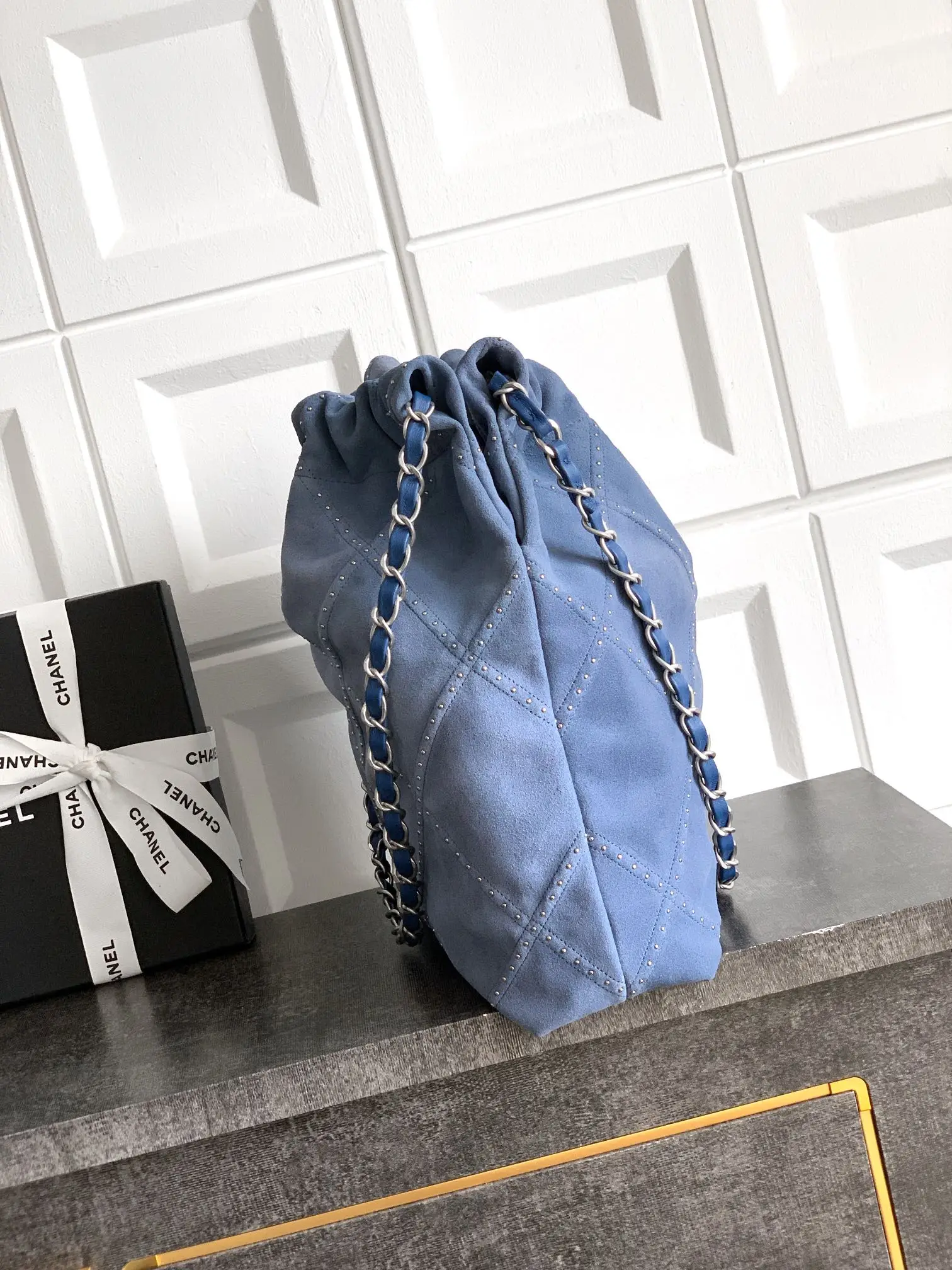 Chanel Large 22 Bag Suede with Studs Blue