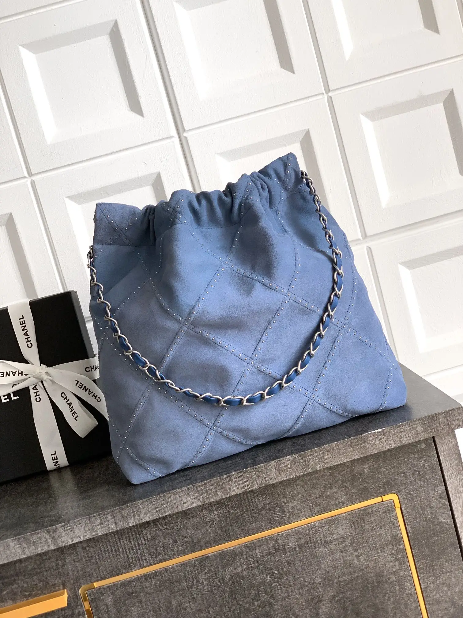 Chanel Large 22 Bag Suede with Studs Blue