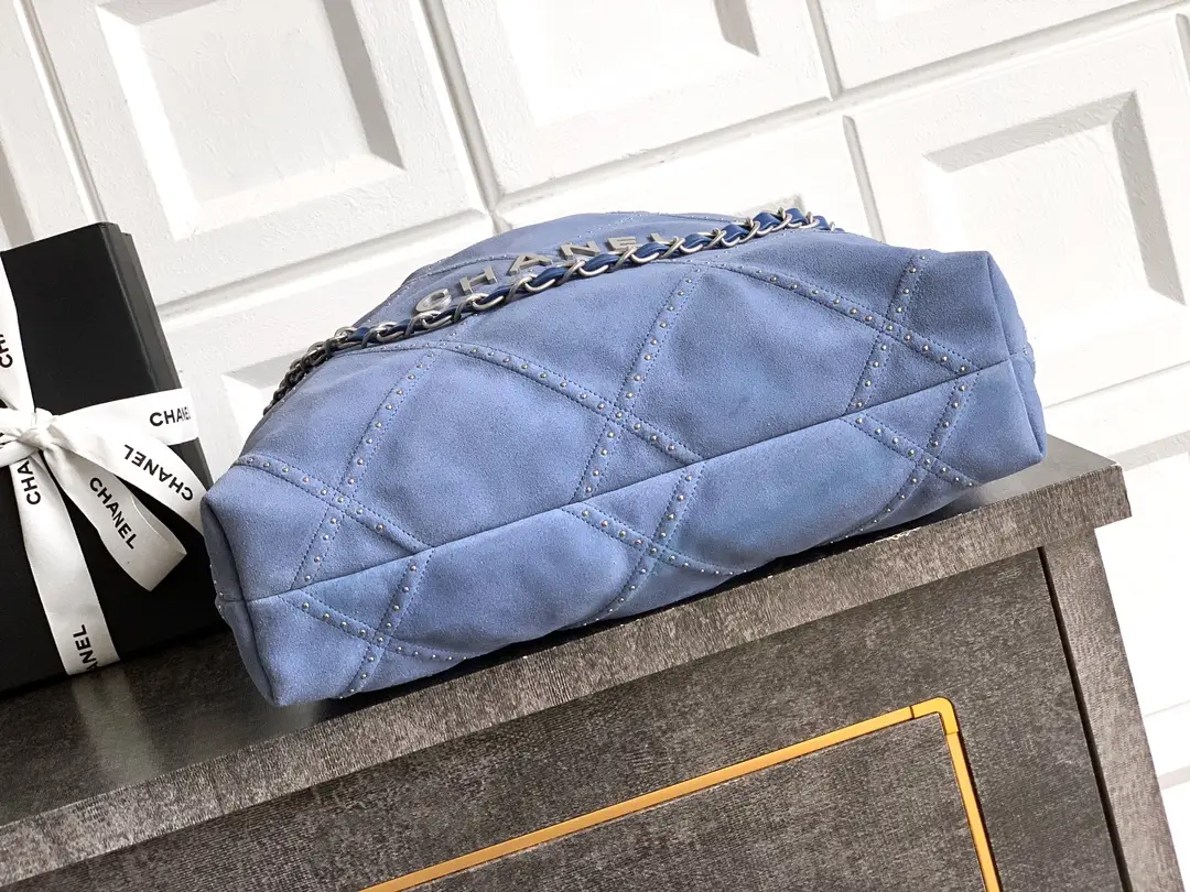 Chanel Large 22 Bag Suede with Studs Blue