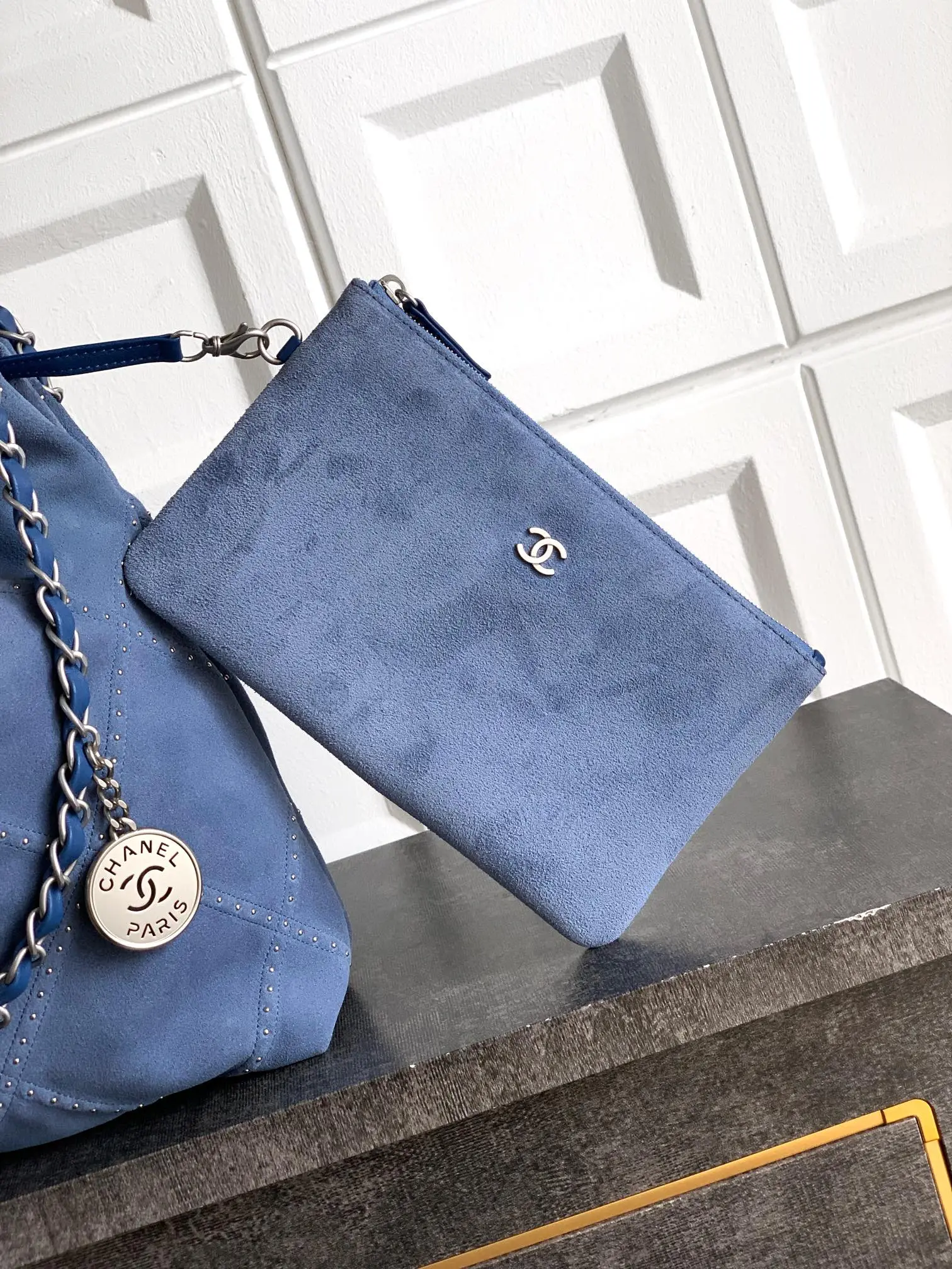 Chanel Large 22 Bag Suede with Studs Blue