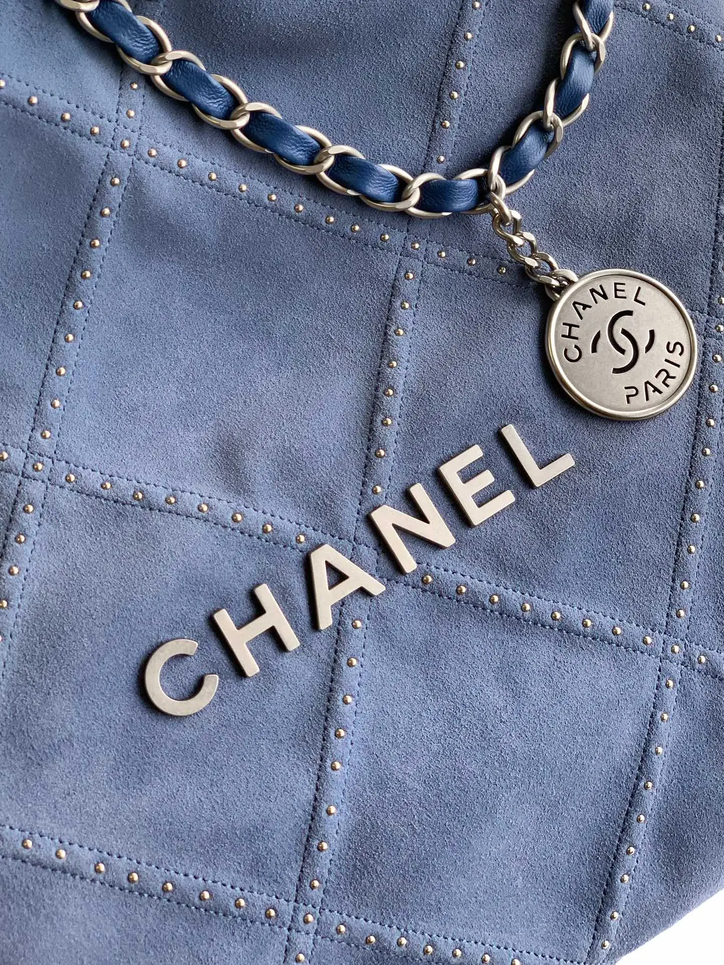Chanel Large 22 Bag Suede with Studs Blue