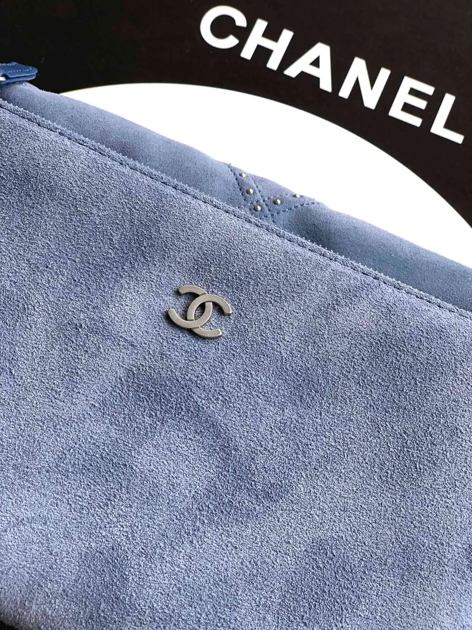Chanel Large 22 Bag Suede with Studs Blue