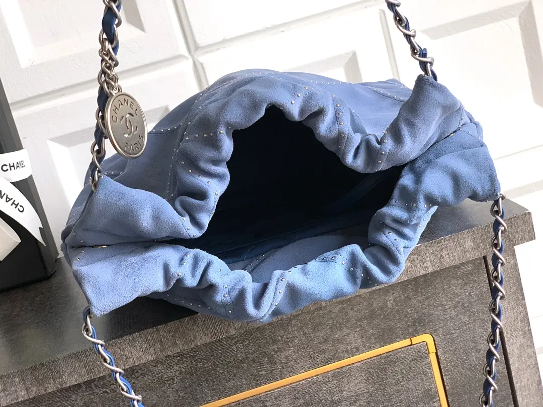 Chanel Large 22 Bag Suede with Studs Blue
