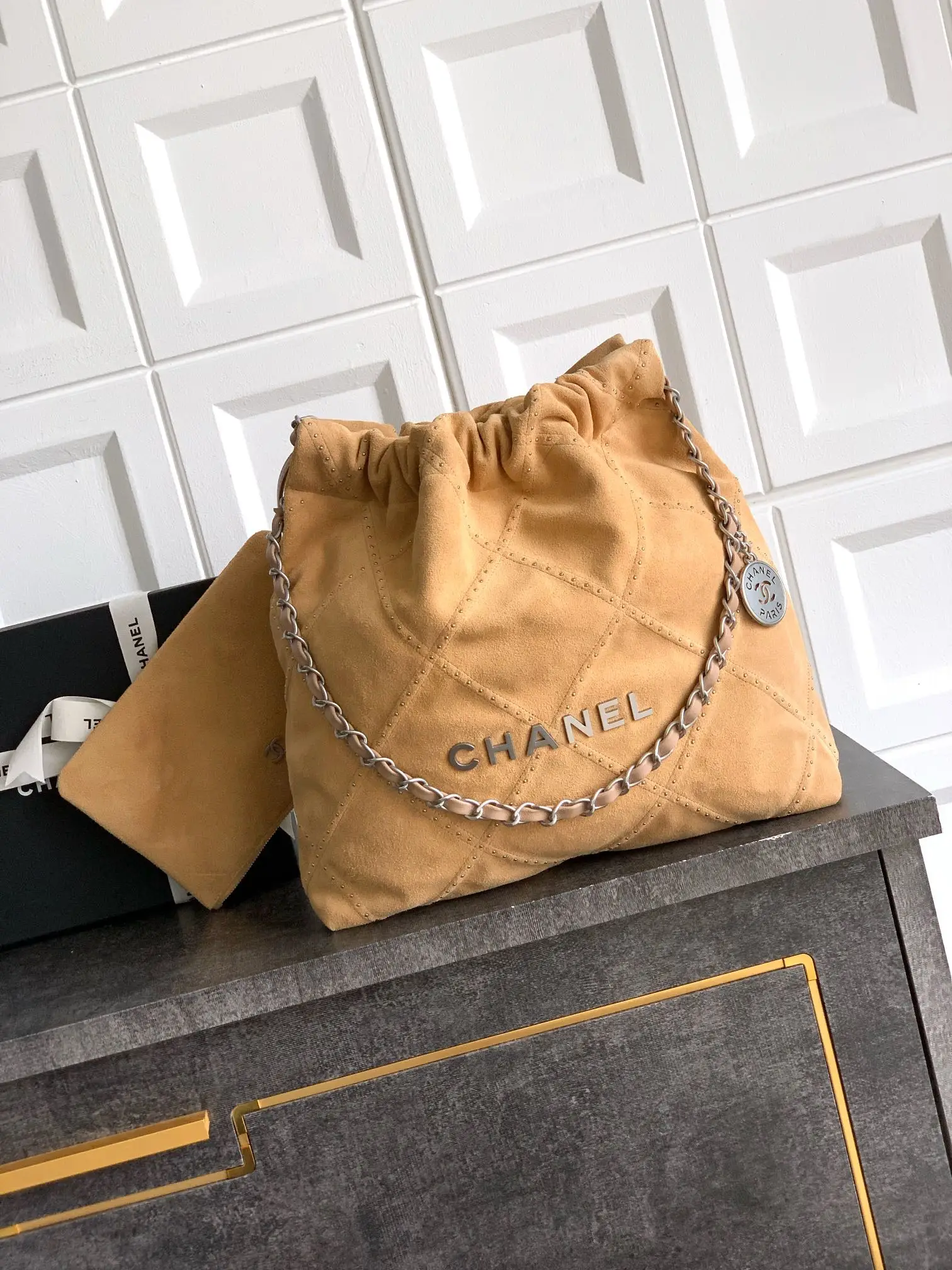 Chanel Large 22 Bag Suede with Studs Brown