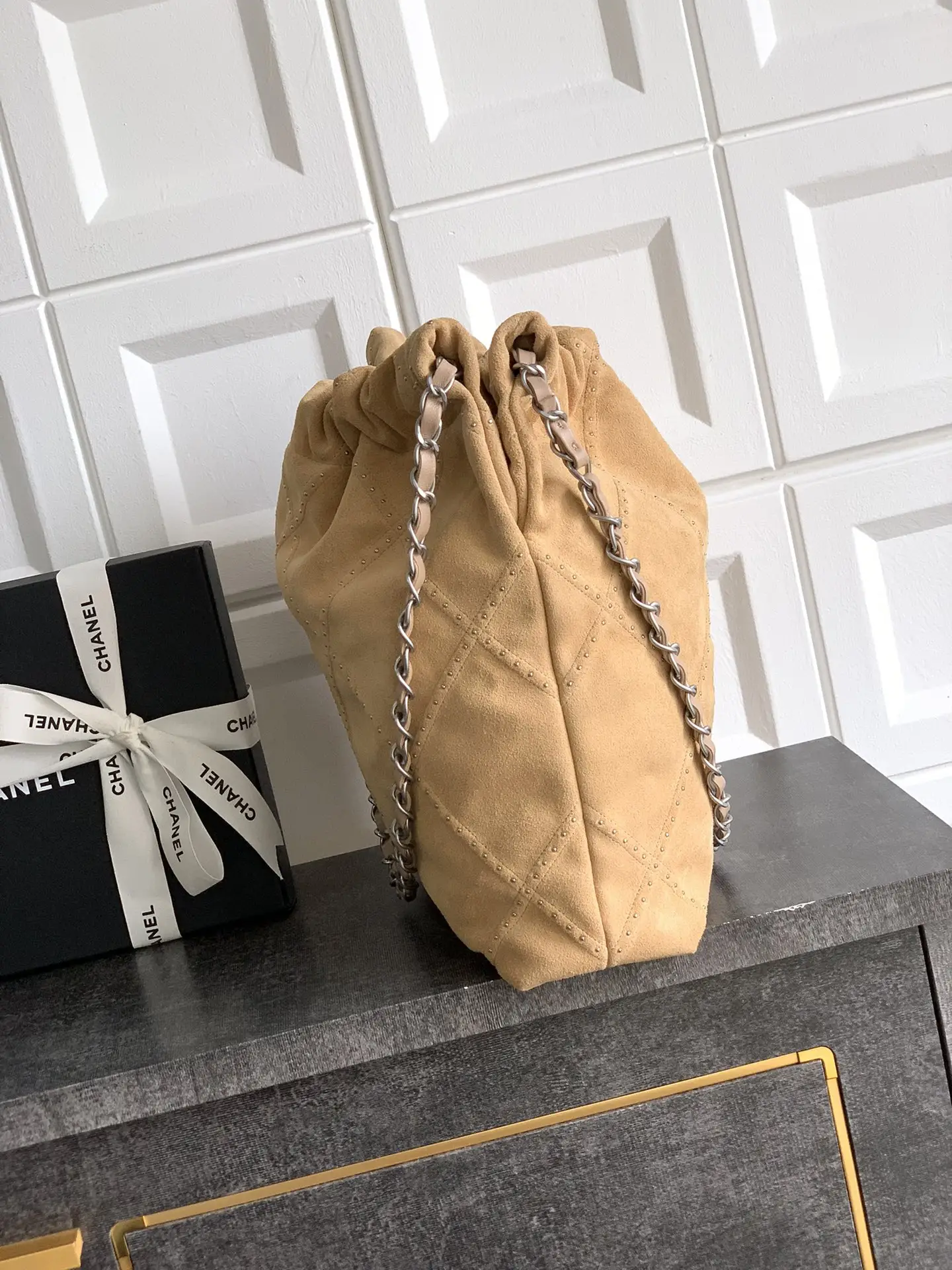 Chanel Large 22 Bag Suede with Studs Brown