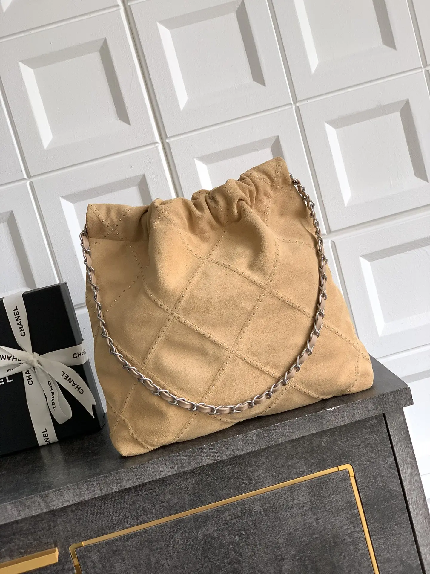 Chanel Large 22 Bag Suede with Studs Brown