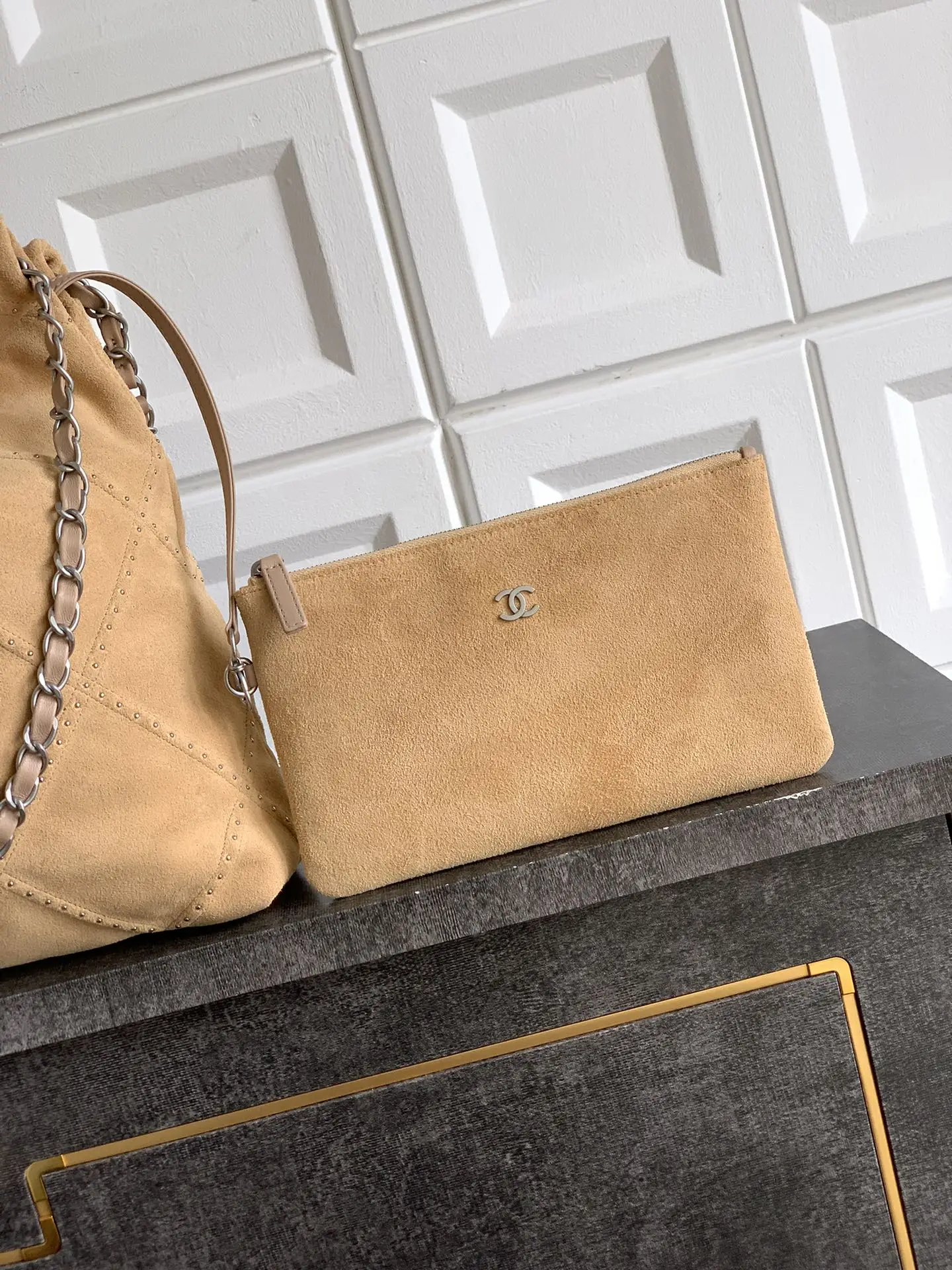 Chanel Large 22 Bag Suede with Studs Brown