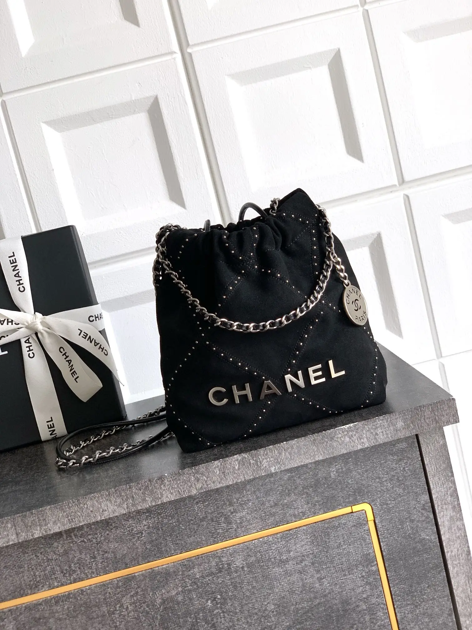 Chanel Small 22 Bag Suede with Studs Black